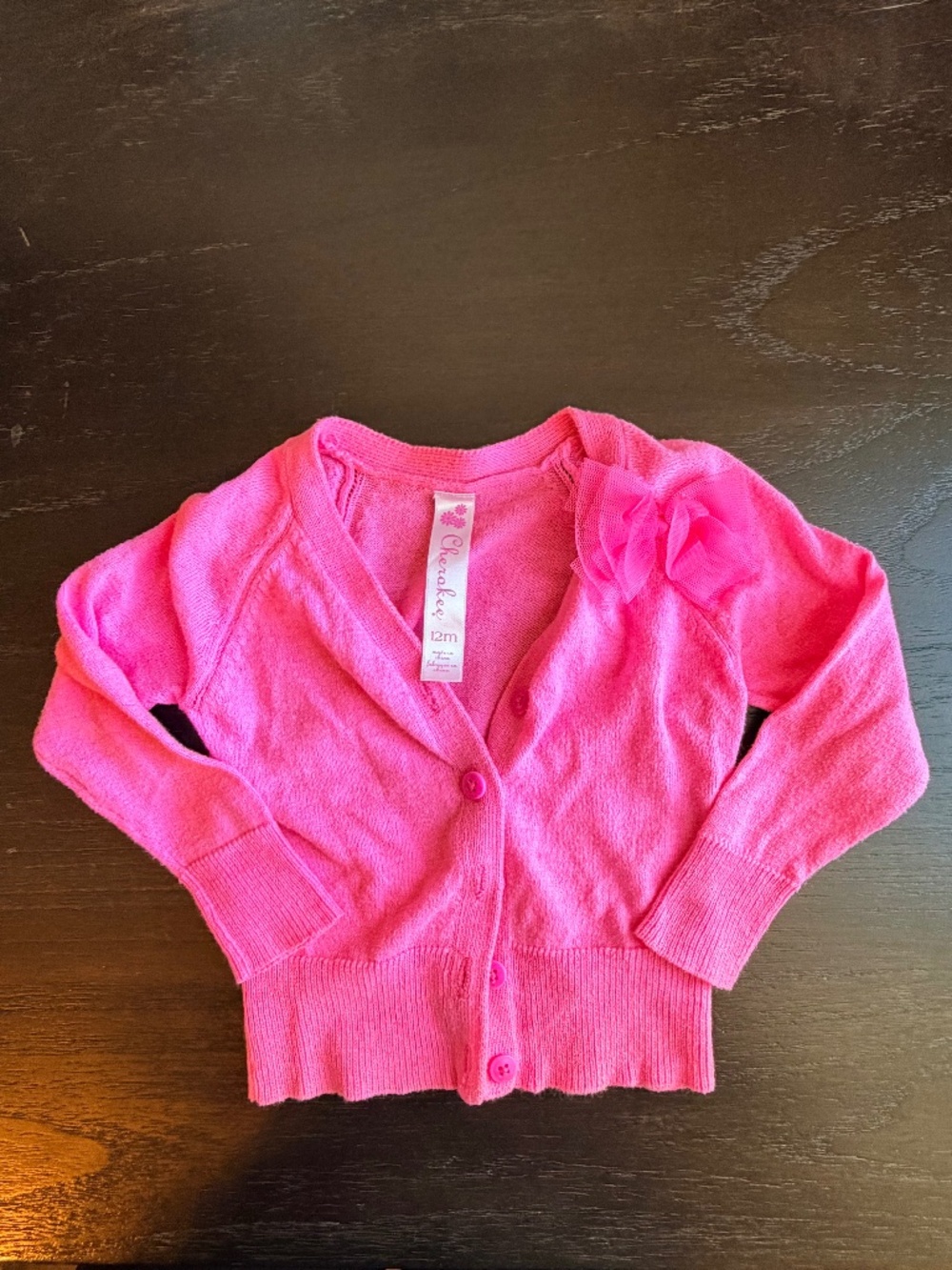 Hot Pink Baby Girl Cardigan, 12M, Tulle Flower Button Sweater